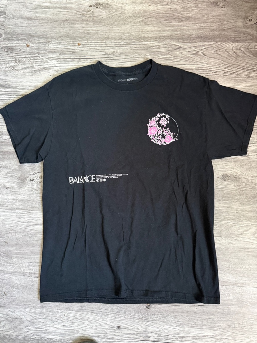Fashion Nova Black Tee with Pink Floral Yin Yang Graphic
